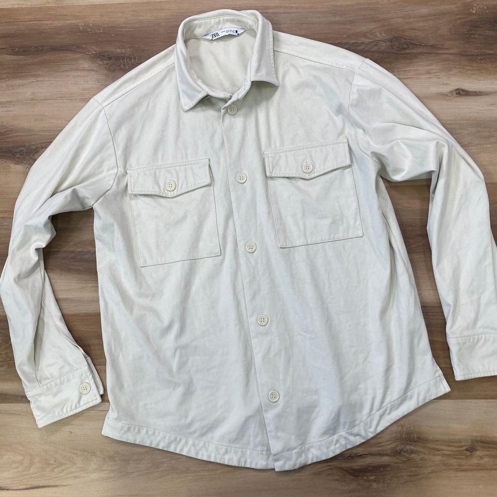 Zara Men Casual Button Down Shirt M Oversized Overshirt Ivory Polyester Blend